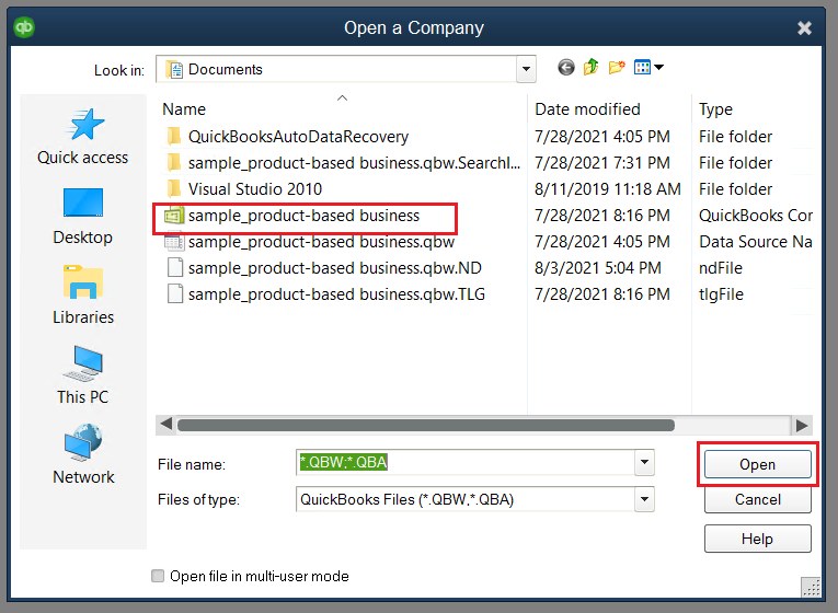 Open a company file in QuickBooks