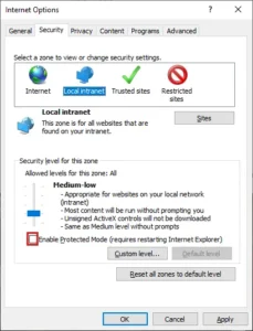 Modify Internet Explorer Settings- QuickBooks error 15215